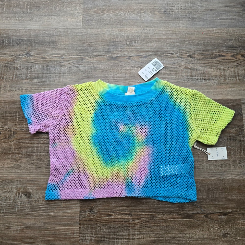 Forever 21 Girls Tie Dye Mesh Top Blue Yellow Pink Fishnet Shirt Size 9/10 New